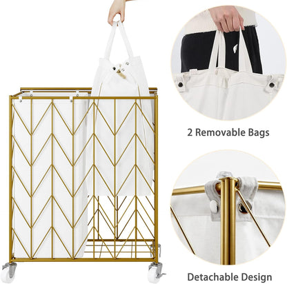 WOWLIVE Laundry Hamper 3 Section with Lid, 142L Laundry Basket with Wheels | Rolling Dirty Clothes Hamper with Removable Bags, Large Iron-Made Laundry Basket Organizer Laundry Sorter for Dorm, Beige