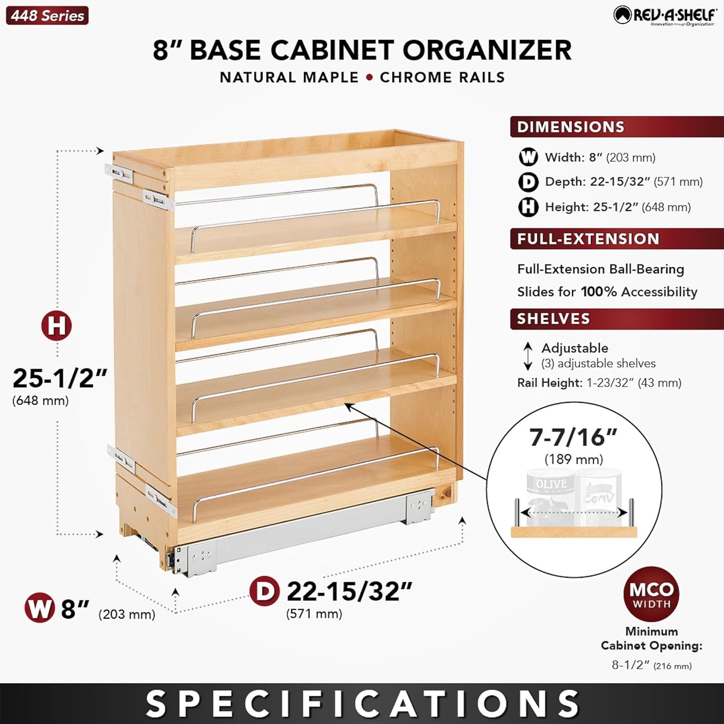 Rev-A-Shelf Pullout Kitchen Cabinet Organizer, Min Cabinet Opening 5.5" W | 5" W Slide Out Pantry Spice or Utensil Storage Rack with Adjustable Shelves for Base Cabinet Organization, 448-BC-5C