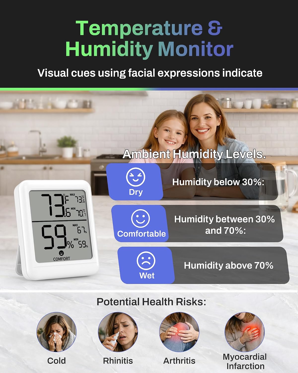 BN-LINK Digital Hygrometer Indoor Room Thermometer with LCD, 2 Pack | Accurate Temperature and Humidity Meter with Large LCD Monitor for Home, Bedroom, Terrarium, Incubator, Greenhouse