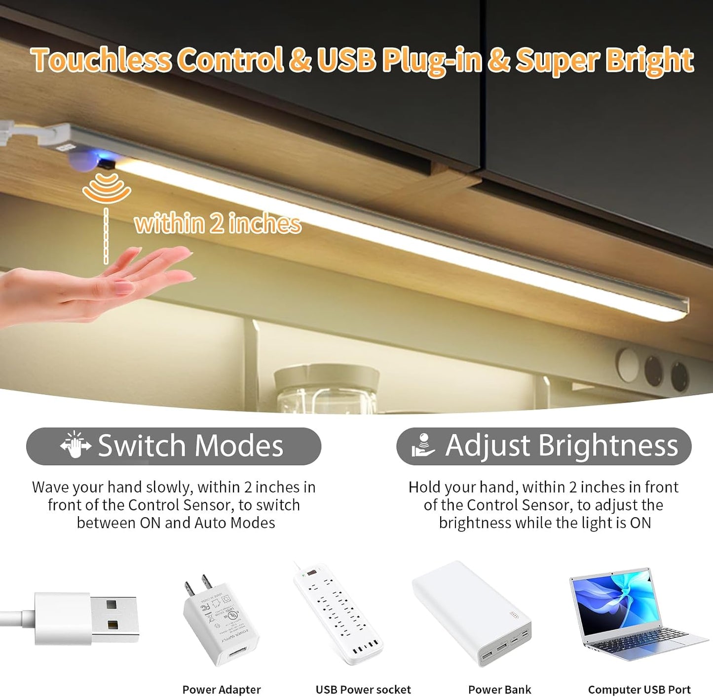 Touchless LED Motion Sensor Under Cabinet Lighting, USB Plug-in | 15.7" Bright & Dimmable, Motion Sensor Light Indoor for Kitchen, Cabinet, Closet, Pantry - Cool 2Pack