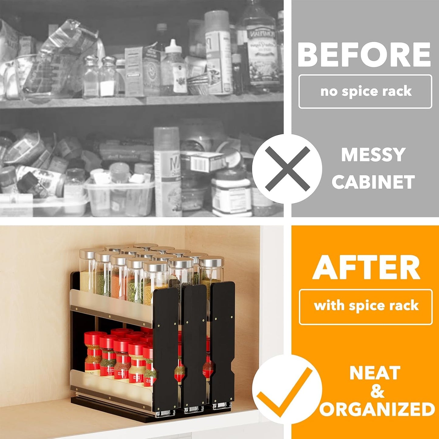 SpaceAid Bamboo Pull Out Spice Rack Organizer for Cabinet, Heavy Duty Slide Out Seasoning Kitchen Pantry Sliding Vertical Organization, 7.6" Wide, 3 Drawers(2" Wide), 2-Tier, Natural