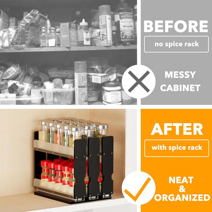 SpaceAid Bamboo Pull Out Spice Rack Organizer for Cabinet, Heavy Duty Slide Out Seasoning Kitchen Pantry Sliding Vertical Organization, 7.6" Wide, 3 Drawers(2" Wide), 2-Tier, Natural