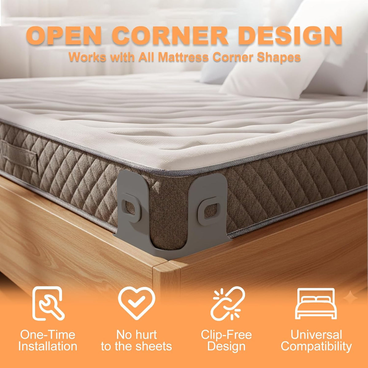 Bed Sheet Holders for Corners: 4 Pack Twist-Lock Clips Keep Sheets Tight Heavy-Duty Grippers Quick Install Fits All Mattresses（Grey）