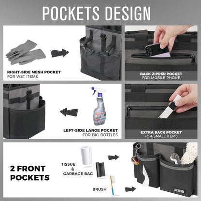 SCAVATA Compact Wearable Cleaning Caddy with Handle & Shoulder Straps | Small Cleaning Supplies Organizer, Under Sink & Car Cleaning Tools Storage Bag for Housekeepers Cleaners, Black