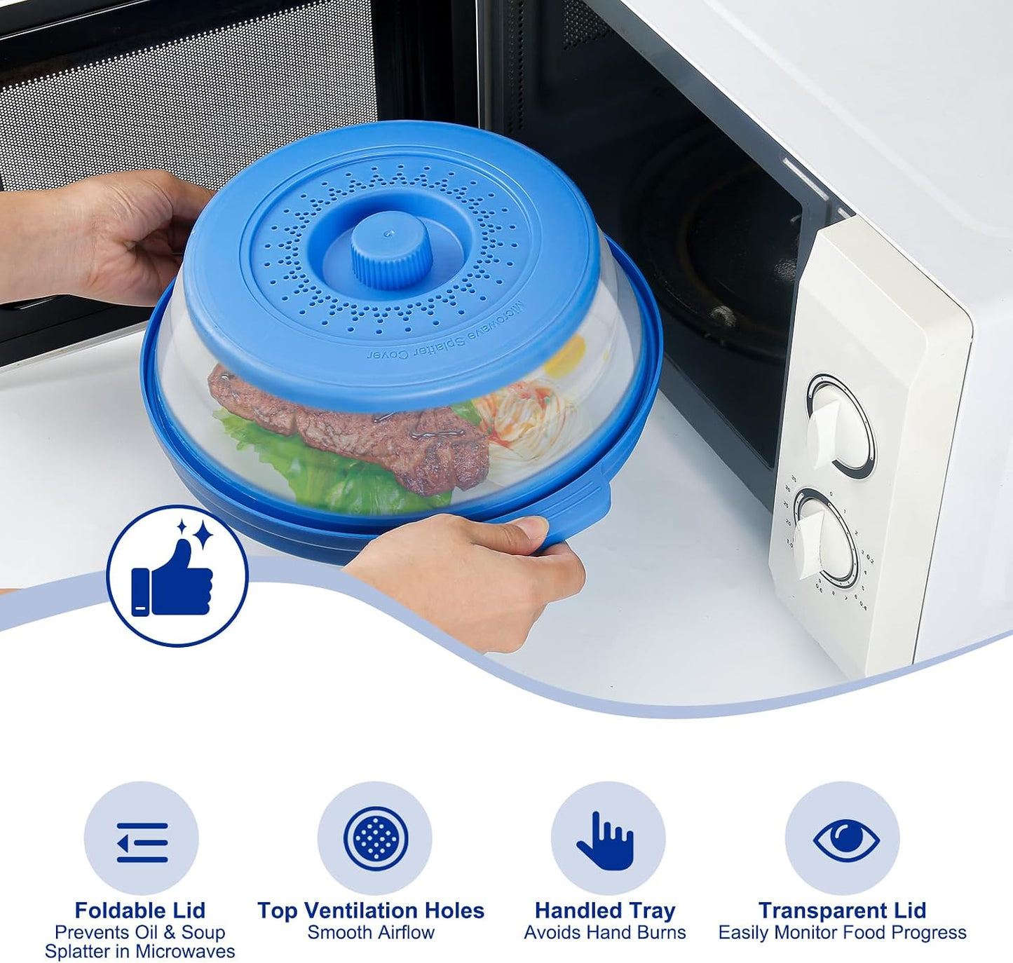 Microwave Splatter Cover for Food with Handle &Heat-Resistant Mat, 10.7" Collapsible Microwave Plate Cover - BPA Free, Dishwasher Safe Food Lid, Multi-Use Colander & Steamer for Meal Prep （Black）
