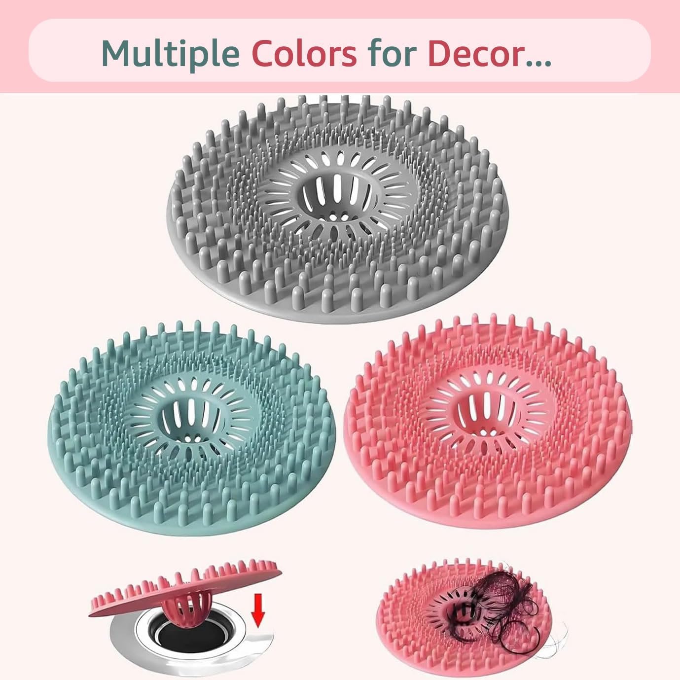 Silicone Hair Catcher for Shower Drain & Bathtub – 3 Pack (Grey/Blue/Pink) | Anti-Clog Drain Strainer with Strong Suction, Drain Cover Bathroom Tub, Sink Floor Pet Hair Stopper Trap Protector, Patented