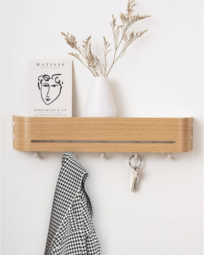 Key Holder Wall Mount with Shelf | 17 inch | Oak | 5 Retractable Hooks | Minimalist | Space-Saving | Modern Wall Coat Hooks | Wooden Key Rack for Entryway & Hallway