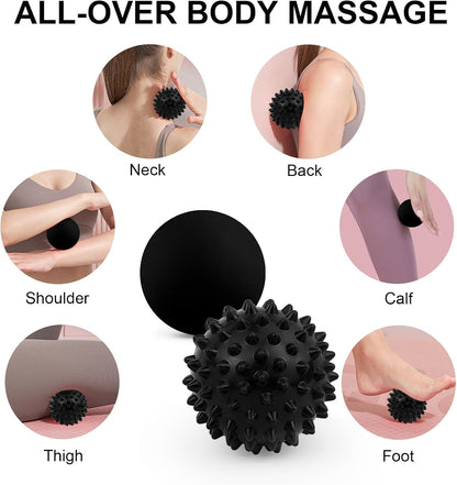 Massage Lacrosse Ball, Spiky Massage Ball, for Deep Tissue, Trigger Point and Myofascial Release, Muscle Knots, and Yoga Therapy (Black-Black)