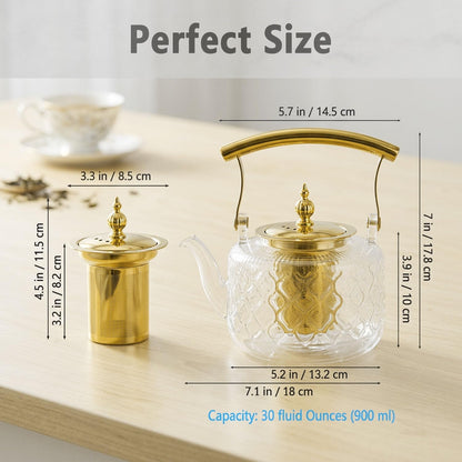 High Borosilicate Glass Teapot, 36 oz Thickened Heatproof Glass Teapot with Removable Stainless Steel Infuser and Lid, Stovetop Safe Tea Kettle, Hand Crafted Kettle, for Women and Adult