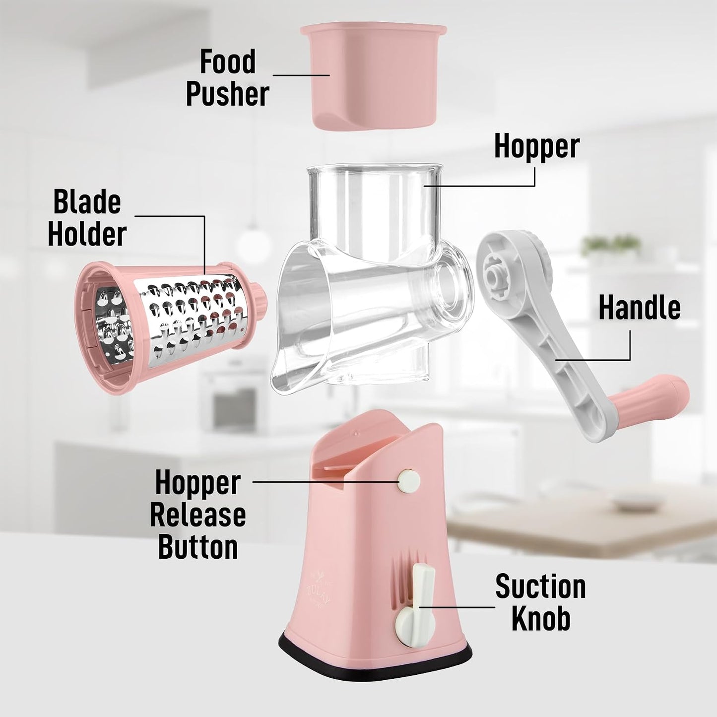 Zulay Kitchen Rotary Cheese Grater 5 Blade Cheese Shredder - Manual Hand Crank Cheese Grater With Reinforced Suction & 5 Interchangeable Drums - Easy to Use, Vegetable Chopper Round Mandoline Slicer - Colors B