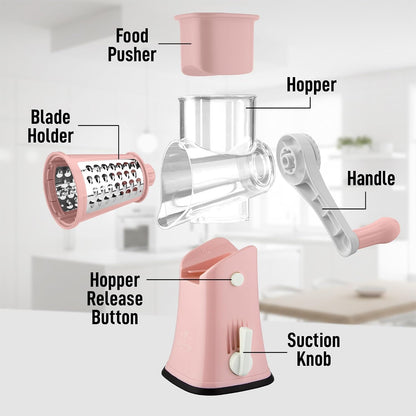 Zulay Kitchen Rotary Cheese Grater 5 Blade Cheese Shredder - Manual Hand Crank Cheese Grater With Reinforced Suction & 5 Interchangeable Drums - Easy to Use, Vegetable Chopper Round Mandoline Slicer - Colors B