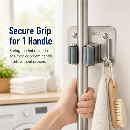 Broom Holder Wall Mount 4 Pack, Heavy Duty Mop and Broom Hanger with Hooks | Innovihue 304 Stainless Steel Broom Hanger, Self Adhesive or Screw Mount Organizer for Kitchen Laundry Garage