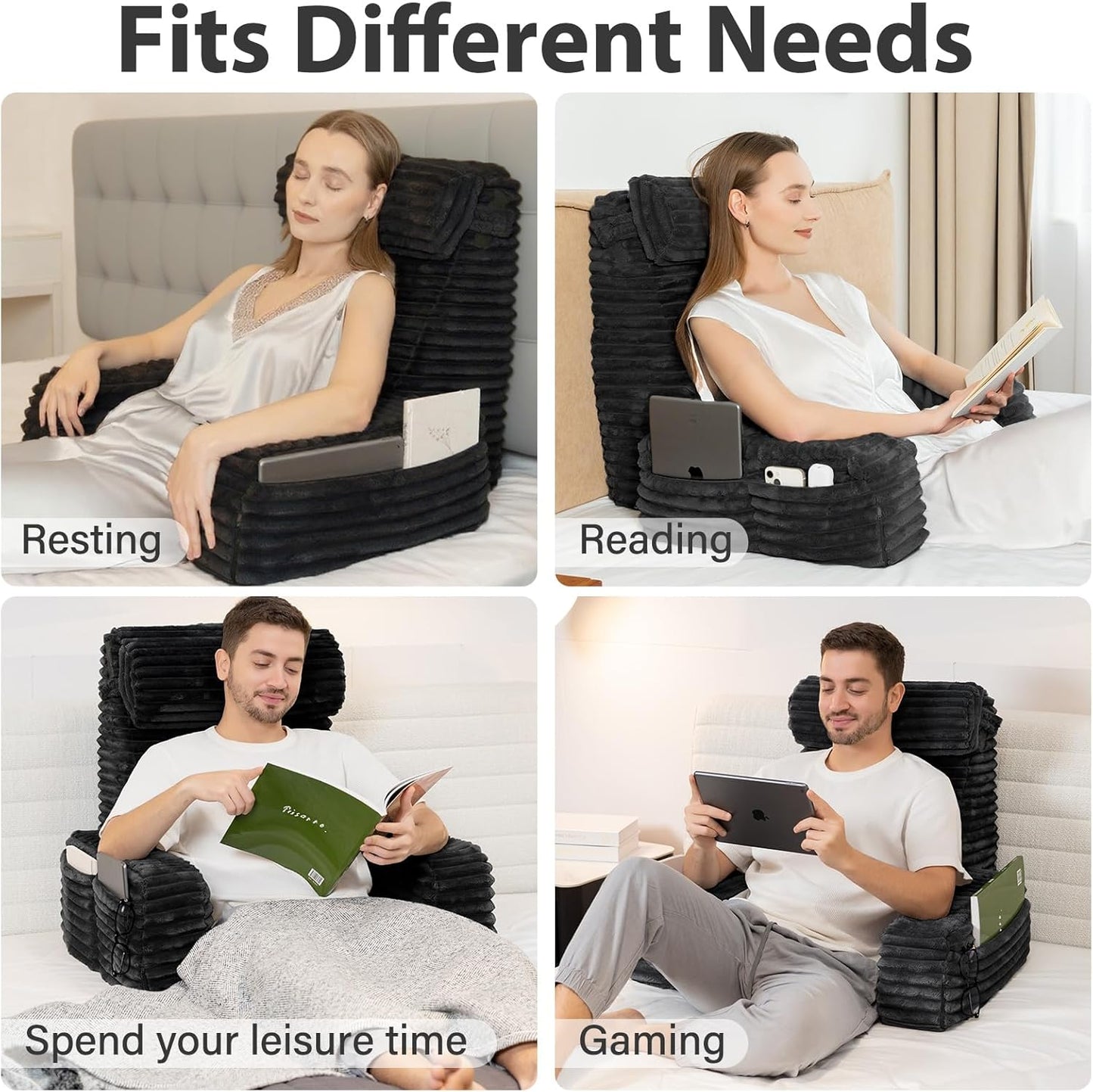 ENITYA 22" XL Back Pillow for Bed Sitting Up with Armrests & Big Pockets | Reading Pillow for Bed, Soft Back Support Chair, Ideal for Watching TV, Gaming, Nursing, Resting, Post Surgery, Dark Grey