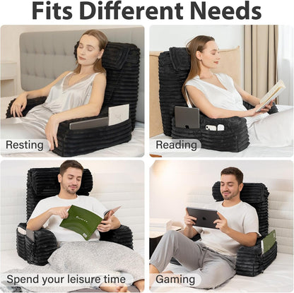 ENITYA 22" XL Back Pillow for Bed Sitting Up with Armrests & Big Pockets | Reading Pillow for Bed, Soft Back Support Chair, Ideal for Watching TV, Gaming, Nursing, Resting, Post Surgery, Dark Grey