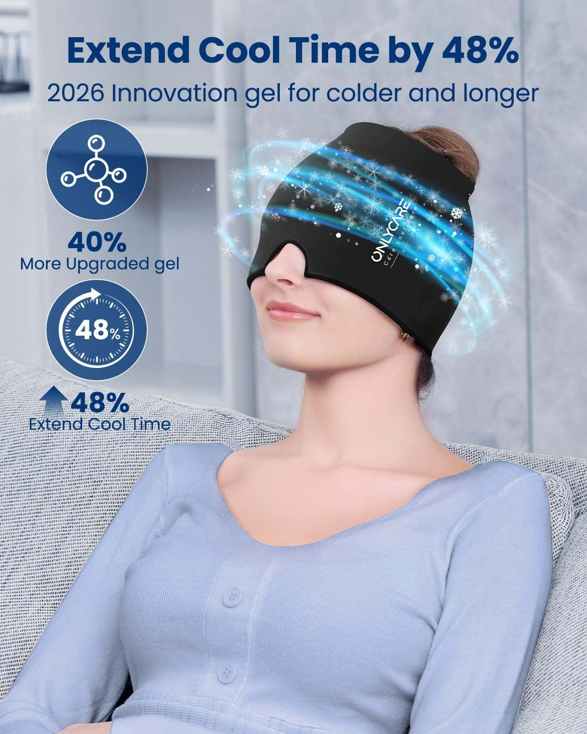 ONLYCARE Migraine Relief Cap, Headache Relief Cold Cap with Odorless Gel | Cooling Hat Head Wrap Soothing Face Ice Pack Mask Products for Tension Stress Hangover & Puffy Eyes, Relaxing Gifts for Women