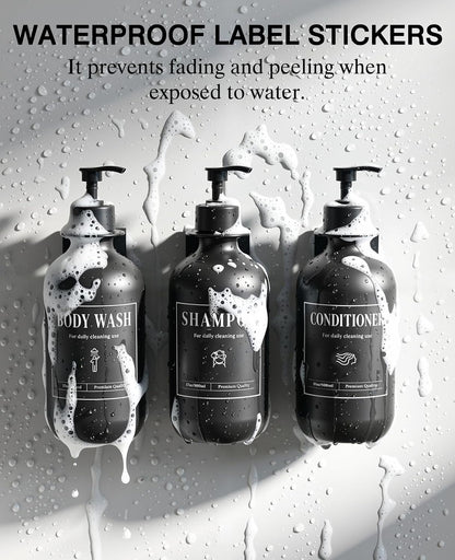 Luxspire 17oz Shampoo and Conditioner Dispenser 3 Sets for Bathroom, Black | Matte PET bottle, no-drill stainless bracket, detachable pump, dual wall/counter install with classification stickers