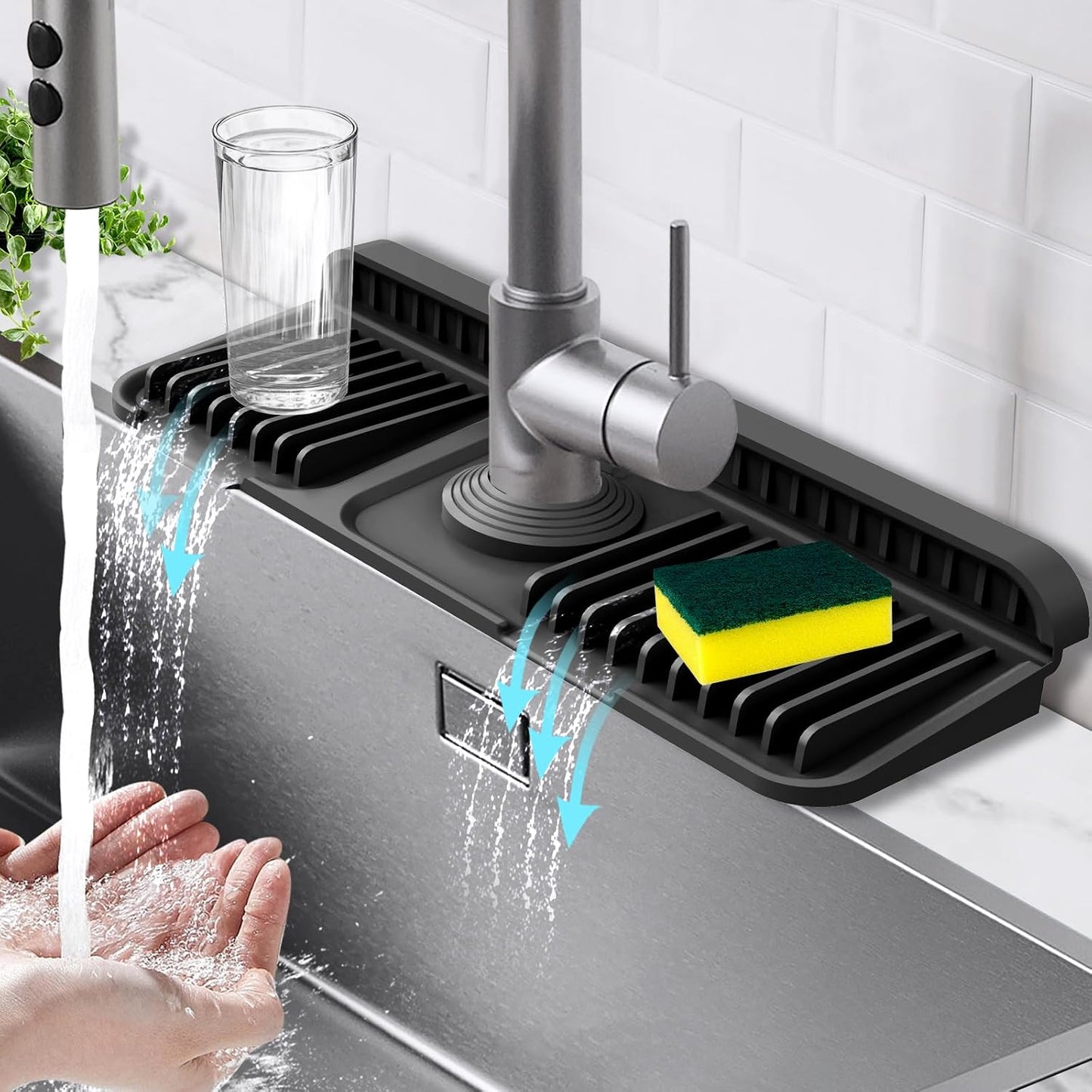 17.7-Inch Kitchen Sink Splash Guard Mat | 7° Slope for Fast Self-Draining | Snap-Lock Design | Universal & Cuttable Silicone Faucet Mat Gray