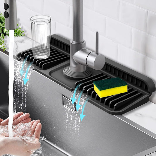 17.7-Inch Kitchen Sink Splash Guard Mat | 7° Slope for Fast Self-Draining | Snap-Lock Design | Universal & Cuttable Silicone Faucet Mat Gray