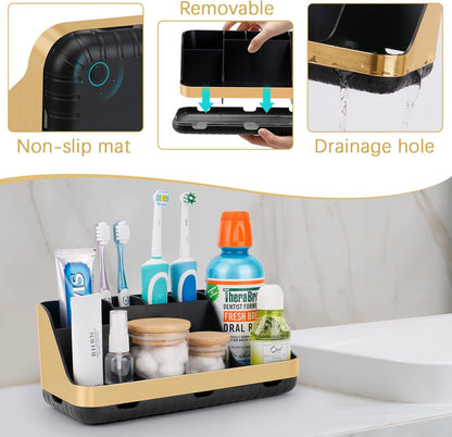 GFWARE Black Toothbrush Holder - 7 Slots Bathroom Organizer Countertop with Drainage Matte Black Electric Toothbrush and Toothpaste Holder for Bathroom Accessories Sink Storage
