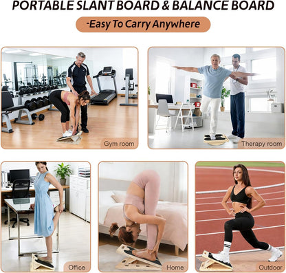 ZALL Wooden 2-in-1 Slant & Balance Board, Adjustable Wobble Design for Calf Stretch Exercise, Knee Ankle Heel Foot Pain Relief