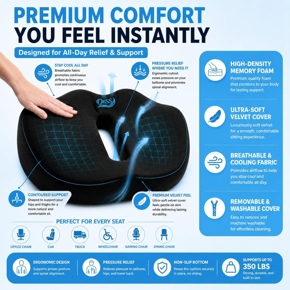 Seat Cushion, for Office Chairs, Coccyx & Tailbone Pain Relief, Ergonomic Design, Memory Foam, Non-Slip Washable Cover, for Office, Car, Wheelchair, Gaming