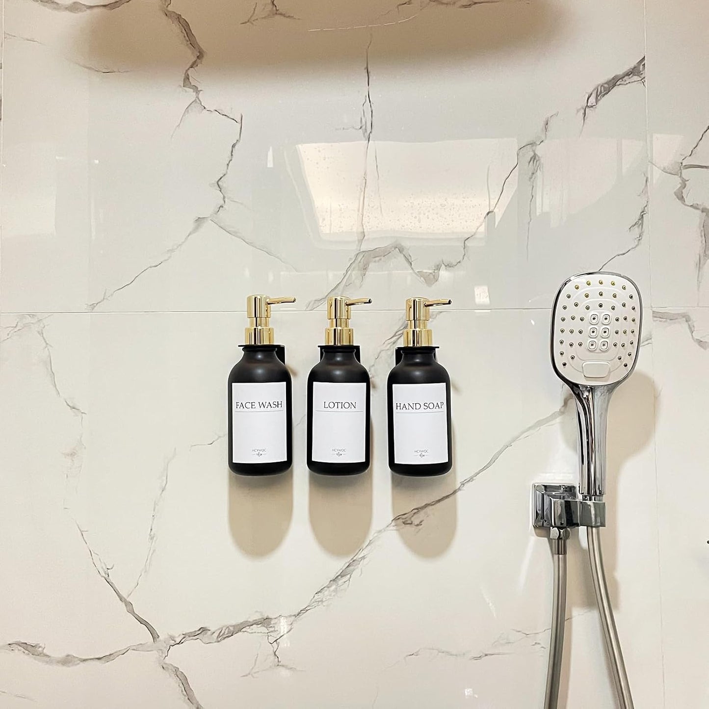 3 Pack Wall Mount Shower Dispenser, No Drill, 16 Waterproof Labels | Shampoo Dispenser for Shower Wall, Shampoo and Conditioner Dispenser, Bathroom, 17oz, Gold Amber