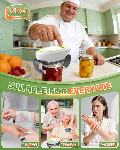 Electric Jar Opener One Button High Torque, Hands-Free Jar Opener for Weak Hands & Seniors, Battery Operated Jar Opener Kitchen Tool Fits Most Jar Sizes White+Green