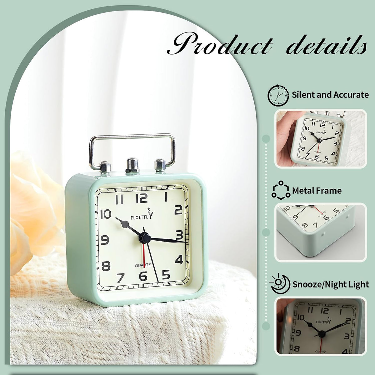 FLOITTUY Square Metal Beep Alarm Clock Silent No Ticking, Snooze and Battery Operated, Night Light and Desk Clock for Bedroom/Travel/Kids, Easy Set(Green)