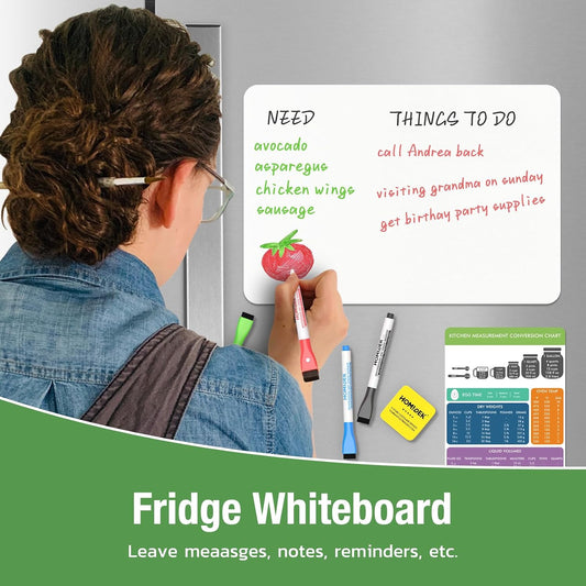 Magnetic Dry Erase Board: Small Fridge Whiteboard, Flexible Refrigerator Magnet White Board, Blank Writing Note Sheet with Dishwasher Magnet Clean Dirty Sign, 4 Markers & Eraser - 12 x 8