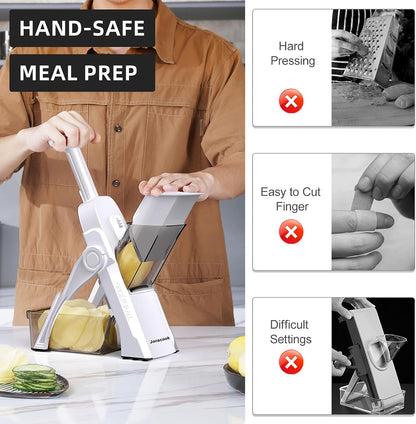 Jonscook All-in-1 Safe Mandoline Slicer for Kitchen, Vegetable Slicer with Container, Adjustable Veggie Mandoline, French Fry Cutter, Potato/Tomato/Onion Slicer, Grater/Cleaning Brush (Black Knight)