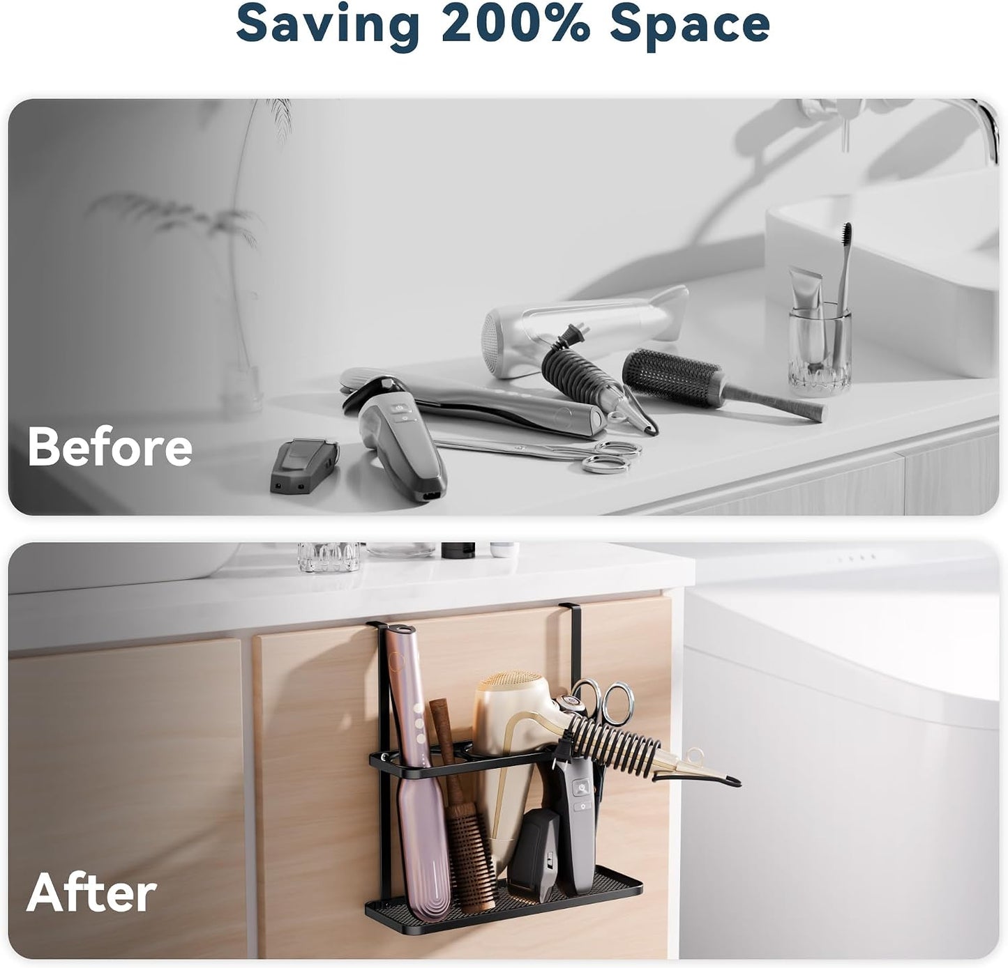 3-in-1 Hair Tool Organizer Holder for Dryer, Straightener & Curling Iron - Mounts on Cabinet Door&Tabletop, Black