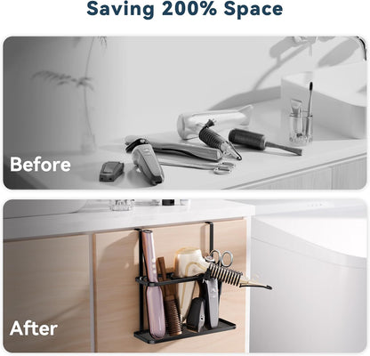 3-in-1 Hair Tool Organizer Holder for Dryer, Straightener & Curling Iron - Mounts on Cabinet Door&Tabletop, Black
