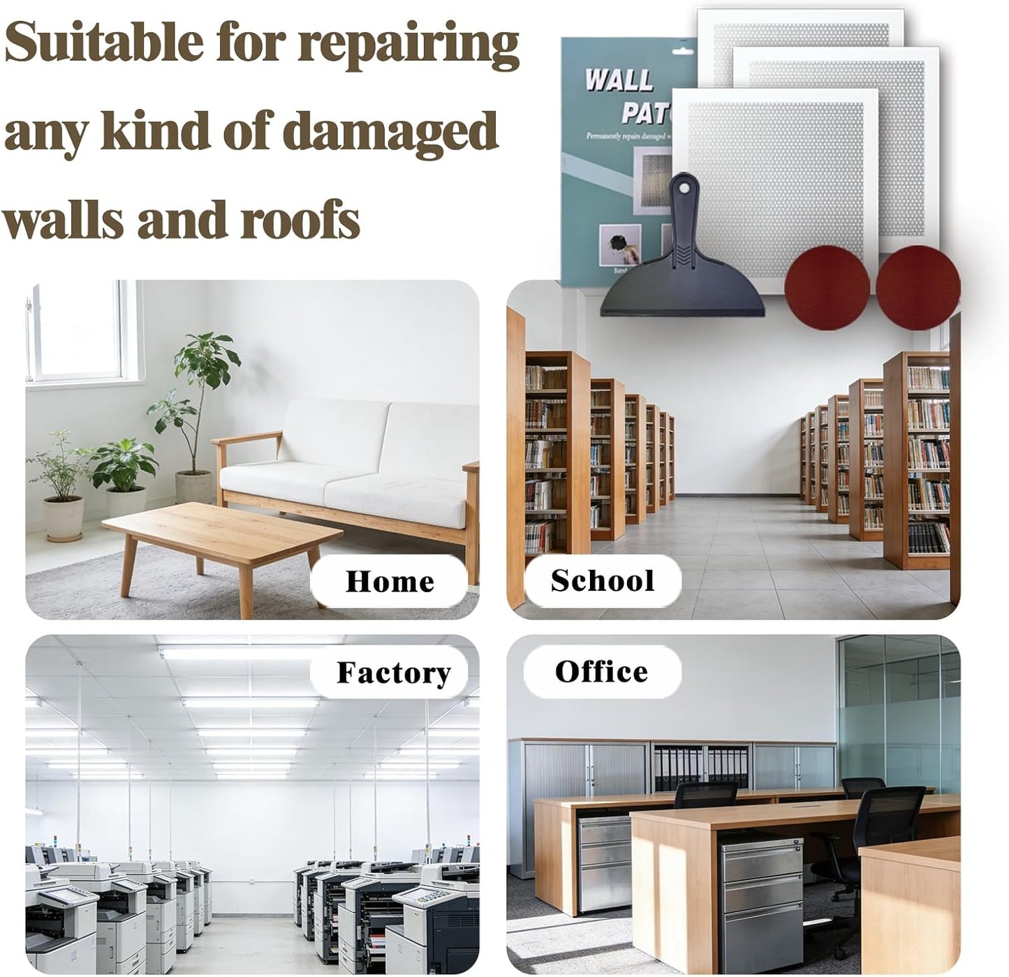 Drywall Repair Kit, 3 Pcs, 12x12in Self-Adhesive Patch with Sandpapers and Scrapers, Quick Fix for Large Holes, Cracks, Ceiling, Bathroom Wall Damage