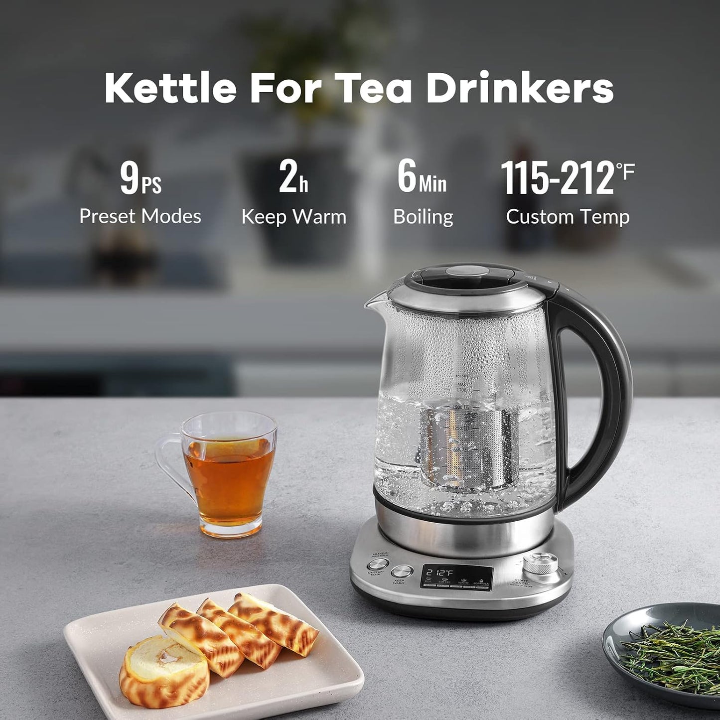 Mecity Electric Tea Kettle Borosilicate Glass Tea Maker With Temperature Control and Infuser - LCD Display and Preset Brewing Programs - 1.7 Liter Water Boiler