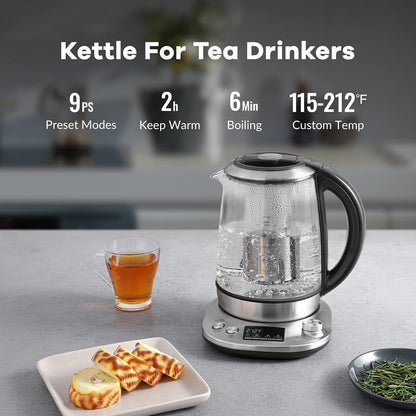 Mecity Electric Tea Kettle Borosilicate Glass Tea Maker With Temperature Control and Infuser - LCD Display and Preset Brewing Programs - 1.7 Liter Water Boiler