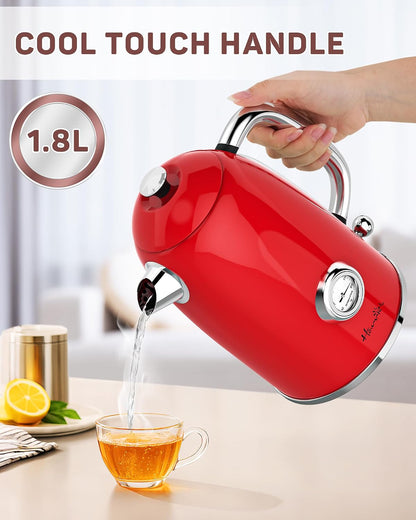 Harriet Electric Kettle, 1.8L Retro Electric Tea Kettle with Thermometer, 1500W Stainless Steel Hot Water Kettle Electric with LED Indicator, Fast Boiling, Cordless, Auto Shut-Off, Yellow