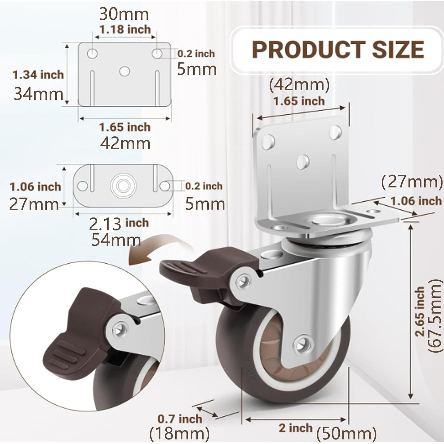 Semetall 4PCS Swivel Caster Wheels Square Cup Furniture Castors (Bronze) | 150kg Load Capacity, with Screws for Piano Feet, Sofa, Table, 1.02 Inch (26mm) Wheels