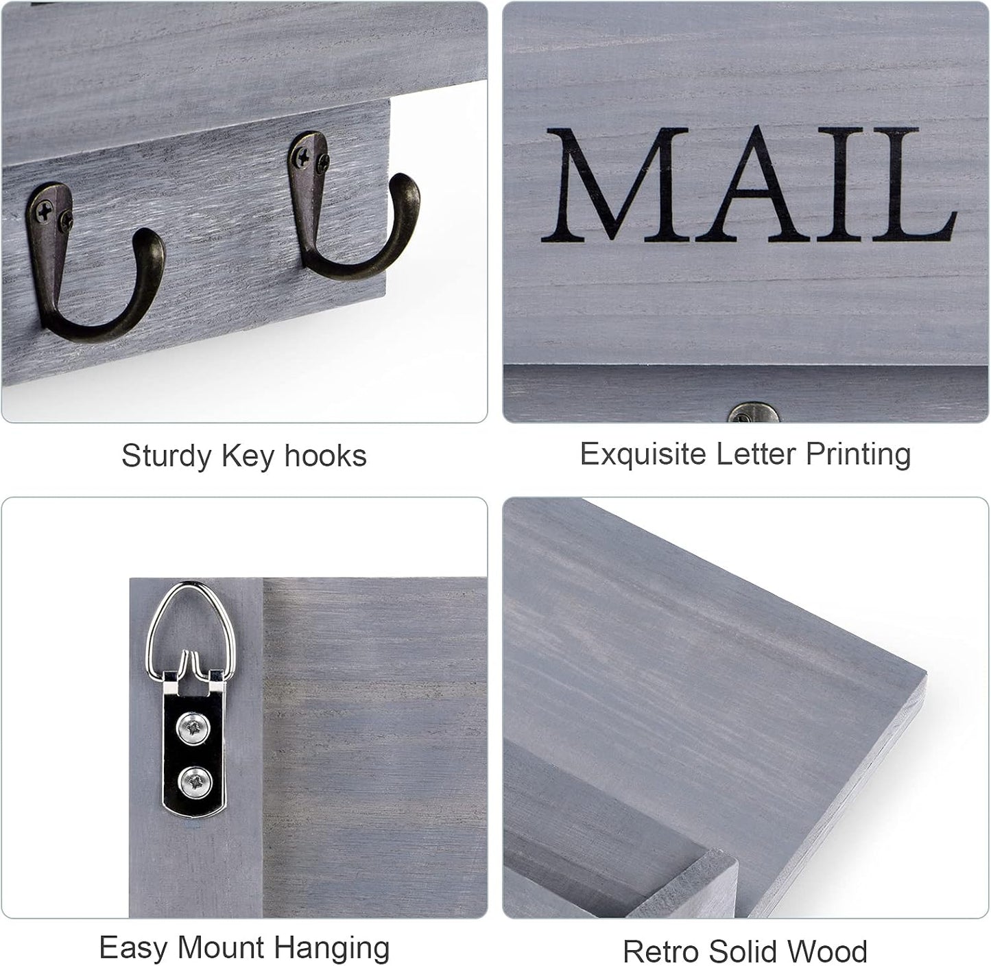 DLQuarts Solid Wood Mail Organizer with Key Holder for Wall, Mail Sorter Wall Mounted, Decorative Wooden Key and Mail Holder with 3 Hooks, White
