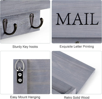 DLQuarts Solid Wood Mail Organizer with Key Holder for Wall, Mail Sorter Wall Mounted, Decorative Wooden Key and Mail Holder with 3 Hooks, White