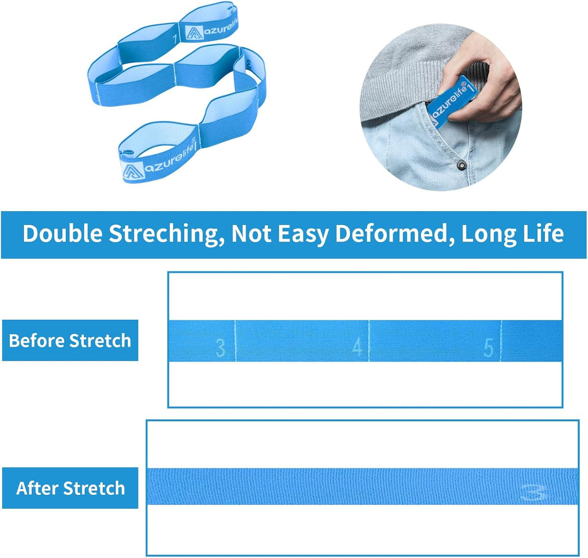 A AZURELIFE Elastic Yoga Stretching Strap, Multi-Loop Stretch Strap for Physical Therapy, Pilates, Yoga, Dance & Gymnastics Exercise and Flexible Pilates Stretch Band