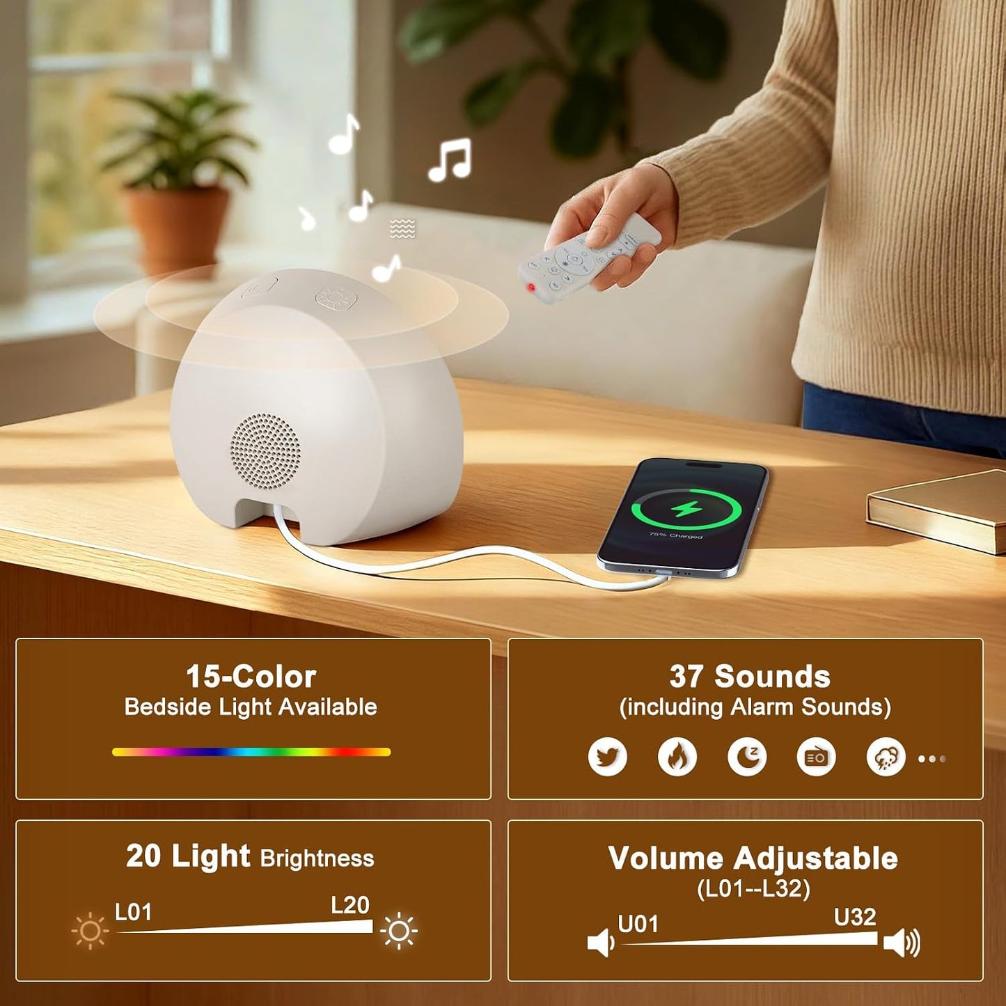 JONRRYIN Sunrise Alarm Clock Wake Up Light for Heavy Sleeper with Remote | 37 White Noise Sounds, Tap Snooze, Bluetooth, USB Charging, 15 Color Night Light, Ideal for Kids, Adults, Reading & Nursery