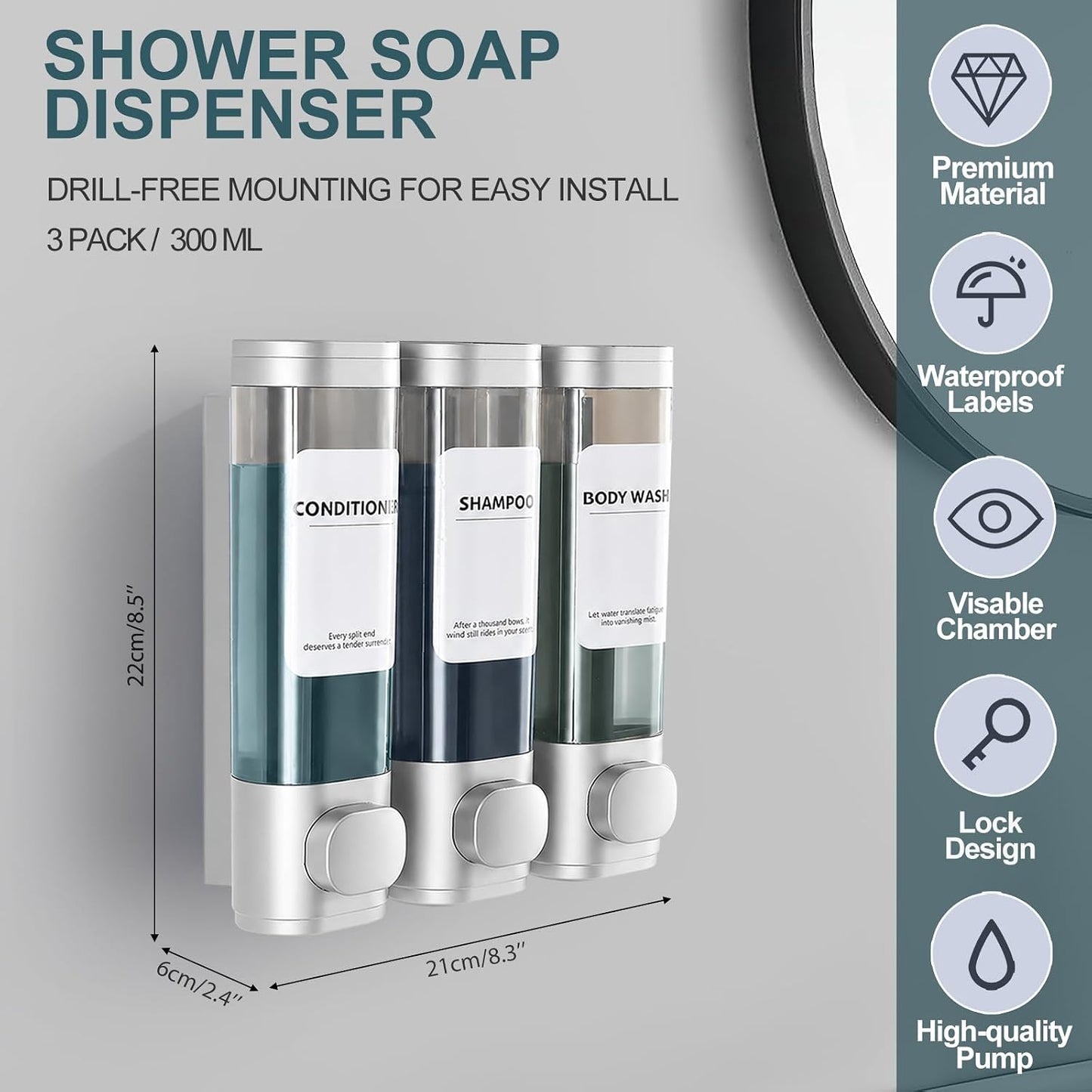Shampoo Conditioner Shower Soap Dispenser 3 Chamber Wall Mount Black | Refillable. Leakproof 900ml. No-Drill Wall Mount. Soap, Shampoo, Conditioner, Body Wash, Shower Gel, Bathroom Set. BPA-Free.
