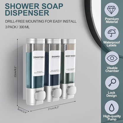 Shampoo Conditioner Shower Soap Dispenser 3 Chamber Wall Mount Black | Refillable. Leakproof 900ml. No-Drill Wall Mount. Soap, Shampoo, Conditioner, Body Wash, Shower Gel, Bathroom Set. BPA-Free.