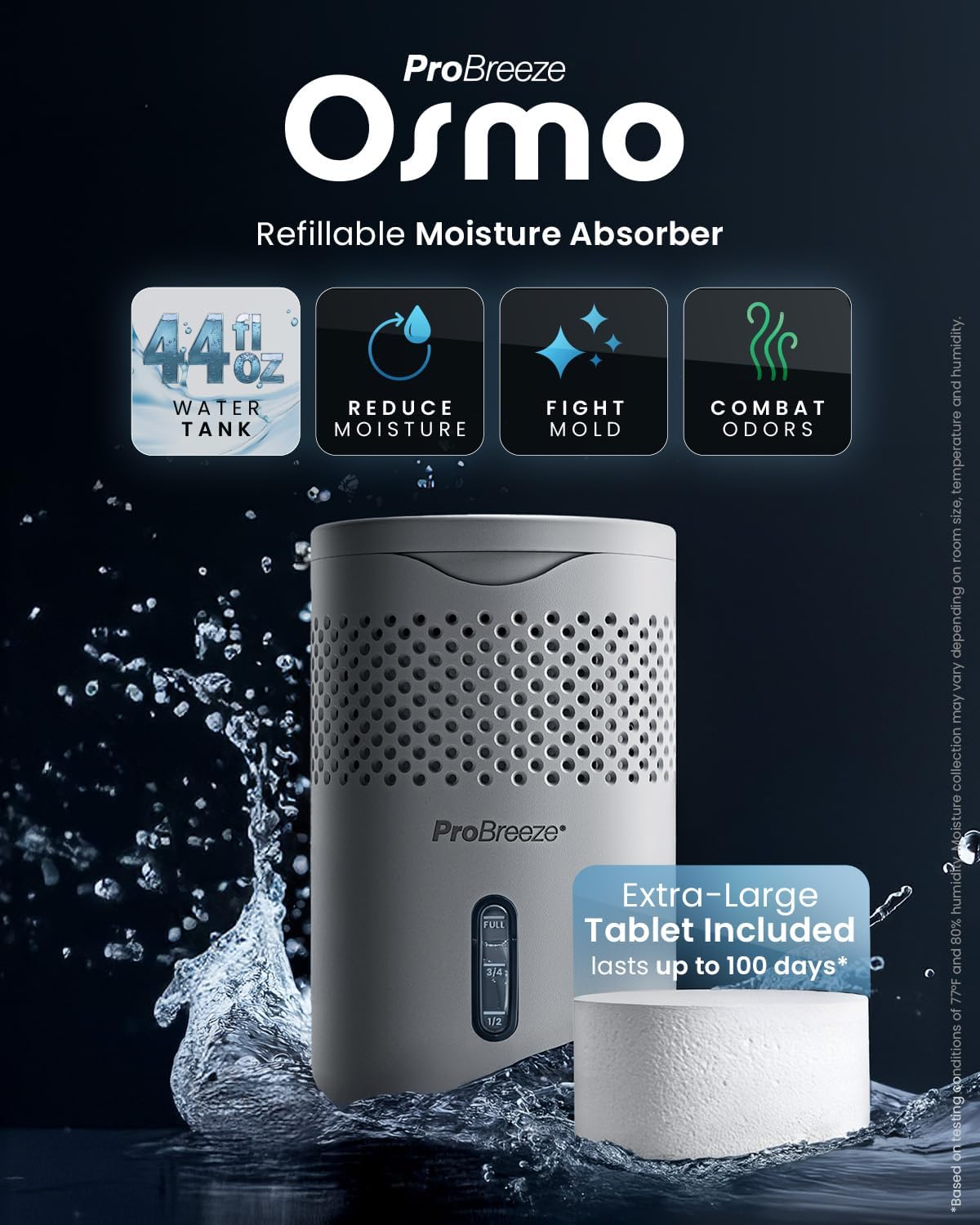 Pro Breeze Osmo Non-Electric Moisture Absorber, 44 fl.oz, Included 1.54lb Refillable Tablet, Lasts 100 Days, Ideal Silent Mini Dehumidifier for Closet, Bathroom & Bedroom, Fragrance Free, White