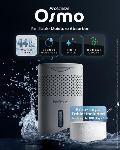 Pro Breeze Osmo Non-Electric Moisture Absorber, 44 fl.oz, Included 1.54lb Refillable Tablet, Lasts 100 Days, Ideal Silent Mini Dehumidifier for Closet, Bathroom & Bedroom, Fragrance Free, White