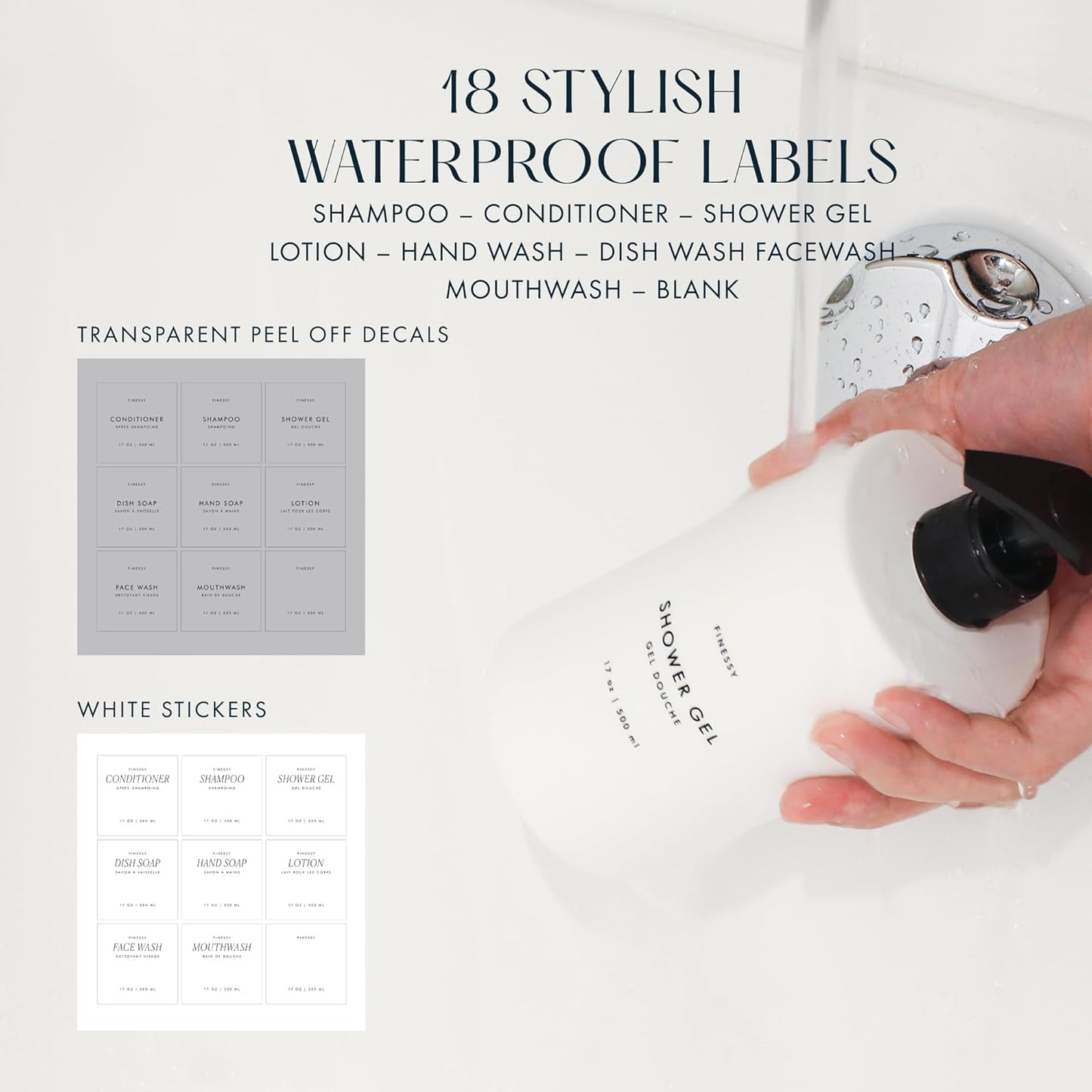 FINESSY Amber Shampoo and Conditioner Dispenser for Shower Wall No Drill | 3 Plastic 17oz Fillable Shower Bottles With Labels. Shower Shampoo Dispenser Wall Mounted. Airbnb Empty Soap Pump Bottles.