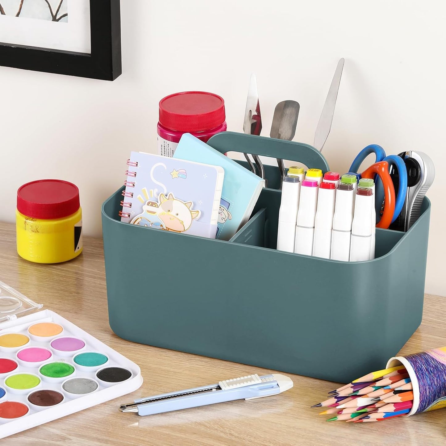 Multiuse Caddy Organizer with Handle, Portable Divided Plastic Tote Bin - Art Craft, Stationary Pen Marker Crayons, Makeup Hair Supplies Storage - Bathroom, Classroom, Dorm, Office, Desk Holder - Grey