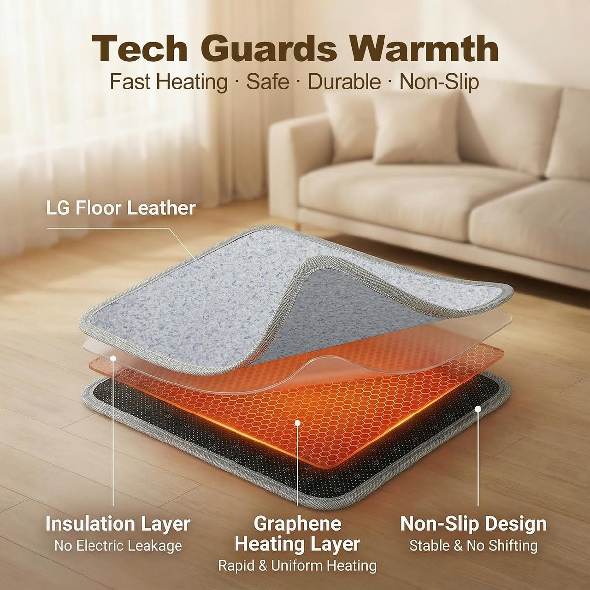 Foot Warmer Under Desk - 15.9x19.9in Heated Floor Mat 110V Adjustable Temperature Electric Heater with Timer for Office Home, Heating Pad for Cold Feet (Brown Wood)