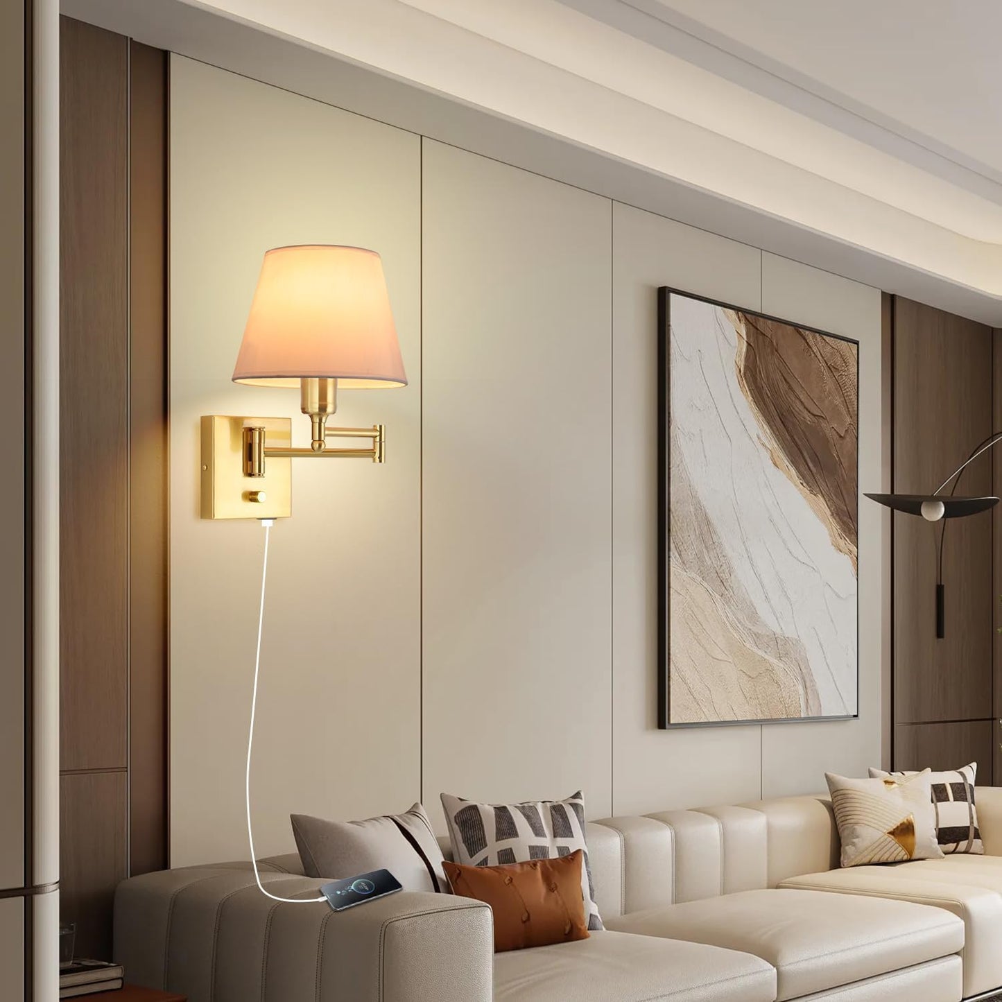 Bedside Wall Mount Light with Dimmable Switch and Outlet, Swing Arm Fabric Shade Wall Sconce Light with USB Port and Plug in Cord, Black Wall Lamp for Bedroom, Living Room and Hotel