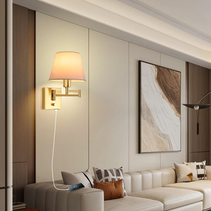 Bedside Wall Mount Light with Dimmable Switch and Outlet, Swing Arm Fabric Shade Wall Sconce Light with USB Port and Plug in Cord, Black Wall Lamp for Bedroom, Living Room and Hotel